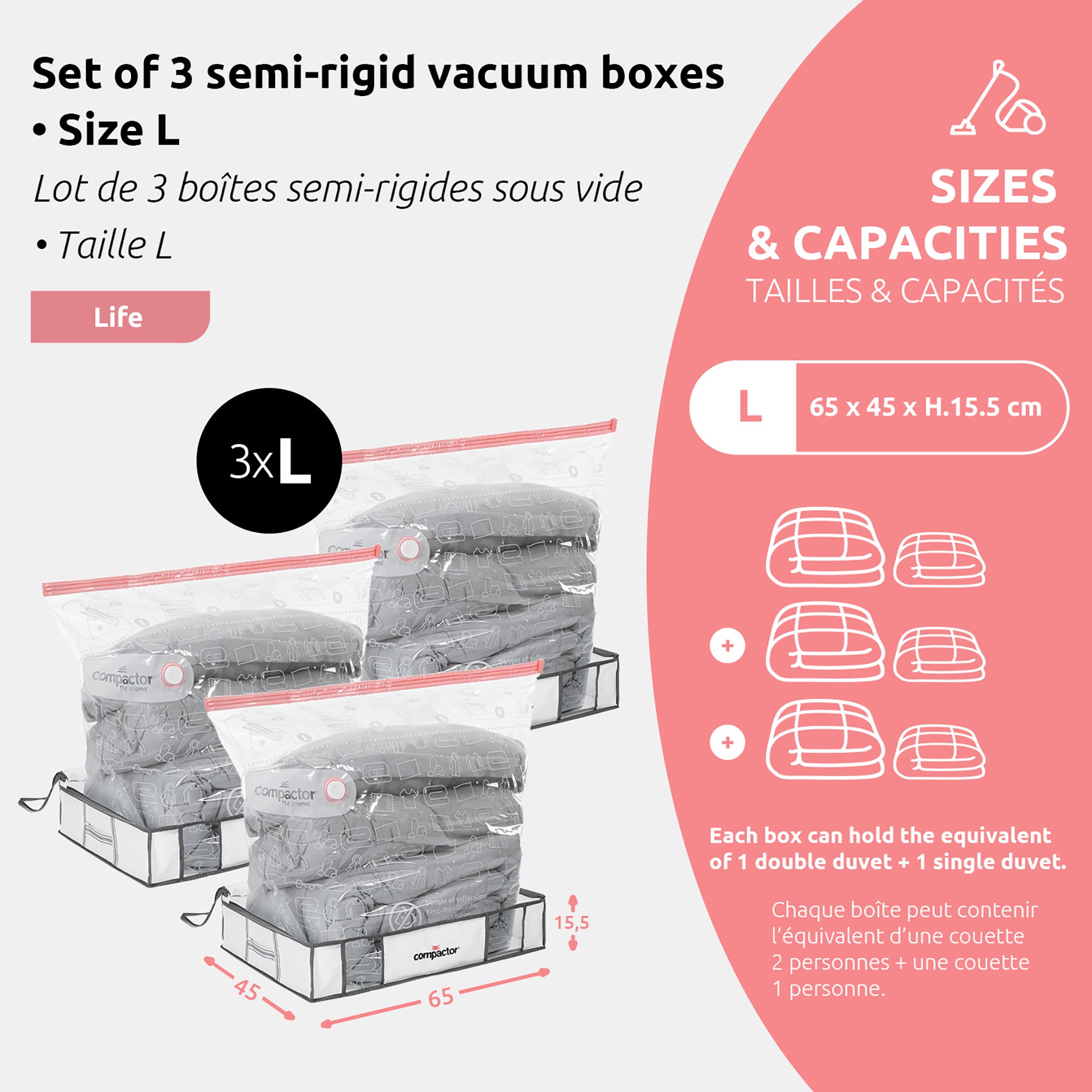 Lot 3 housses rangement sous vide L