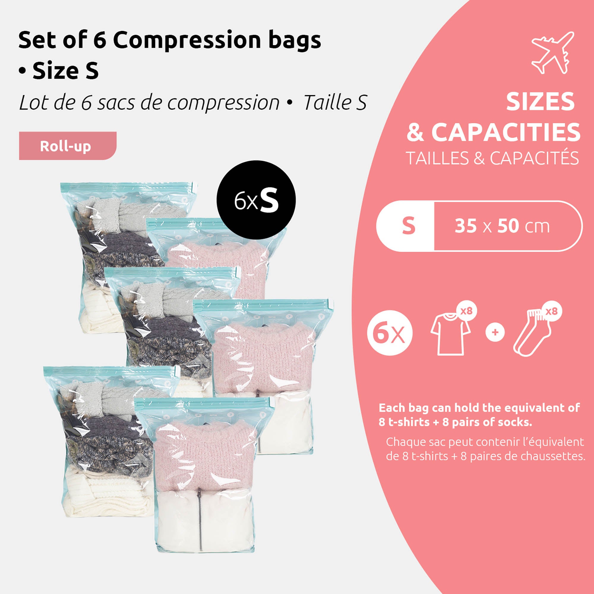 Juego de 6 bolsas de vacío enrollables para viaje