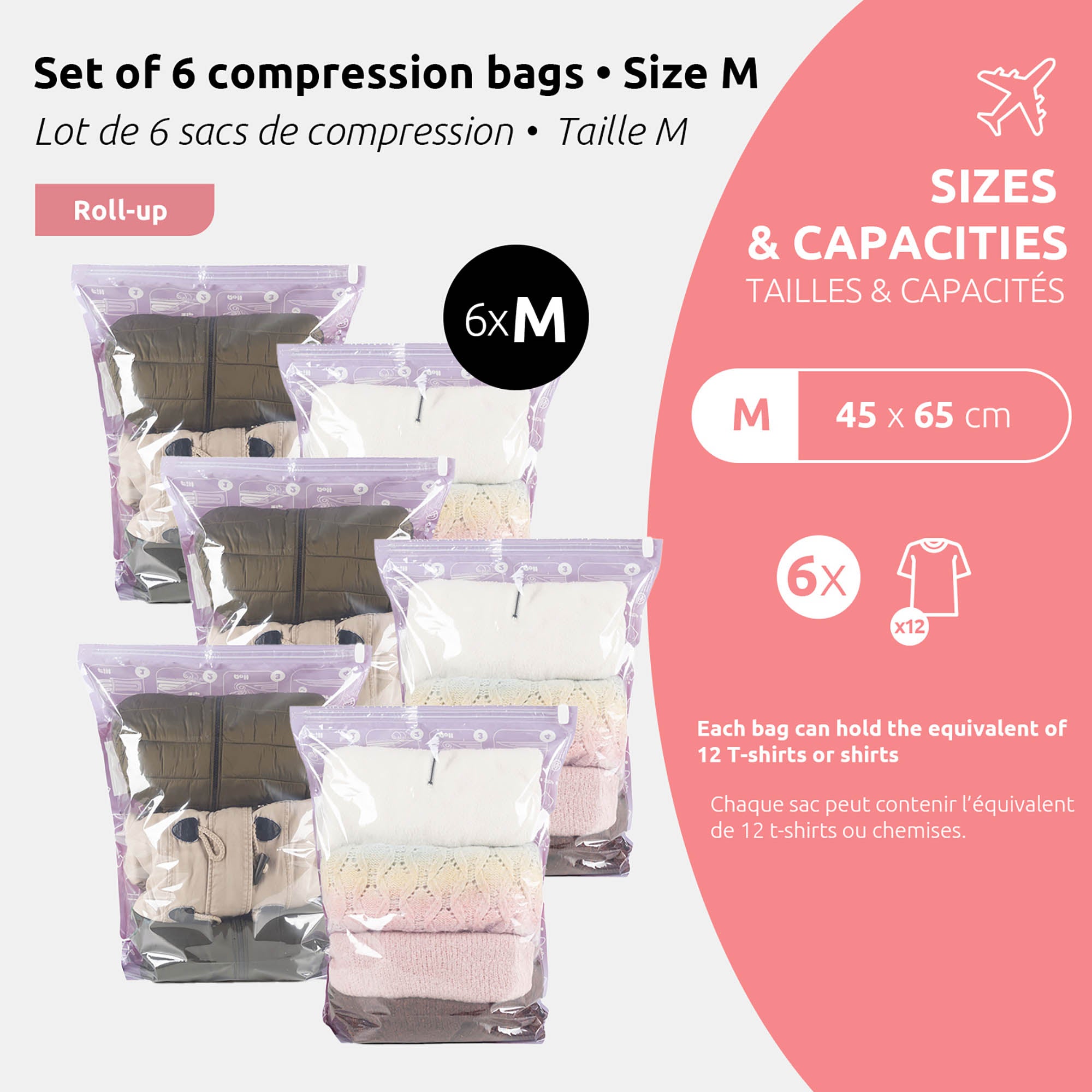 Juego de 6 bolsas de vacío enrollables para viaje