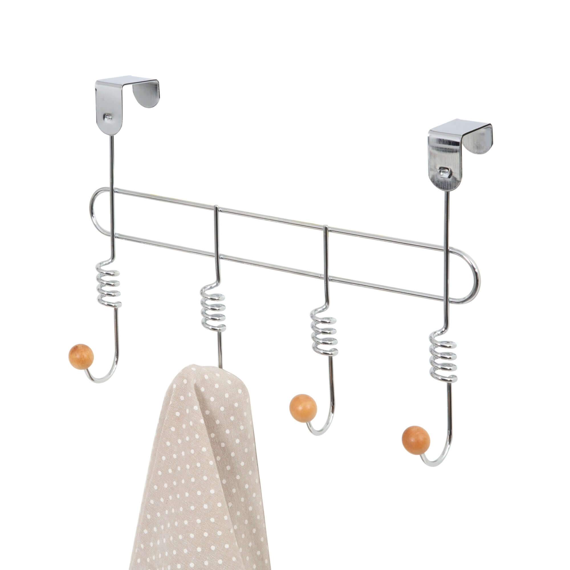 Gancho para puerta 4 ganchos en espiral cromado y madera